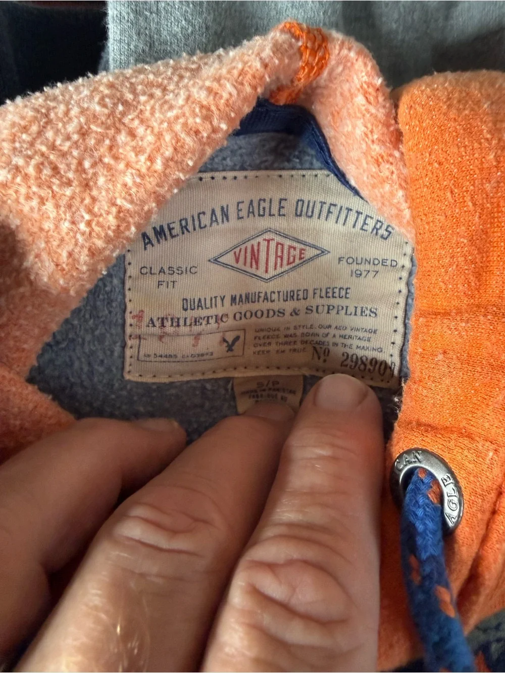 Vintage American Eagle Men's Navy, Gray & Orange Colorblock Hooded Sweatshirt. S